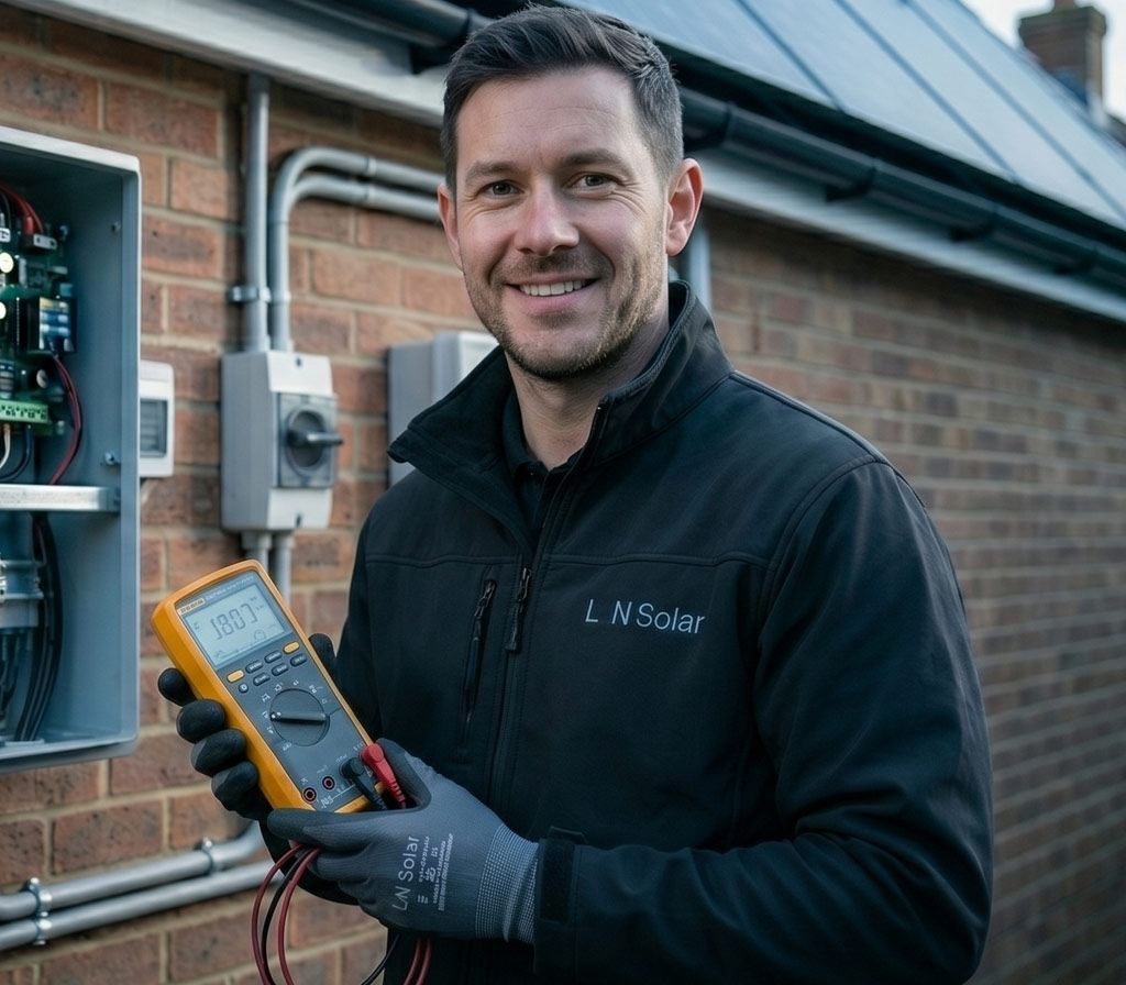Solar panel system being serviced by L-N Solar engineer